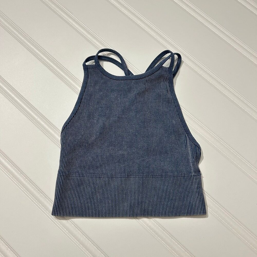 Gilly Hicks Blue Ribbed Sports Bra XS Strappy Back Seamless Crop Tank Hollister